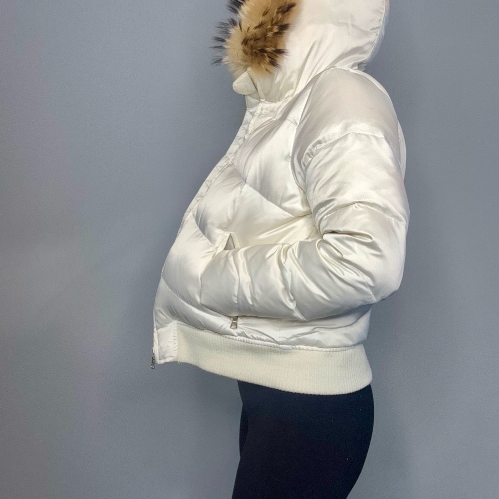 White Puffer Jacket with Fur Trim Hood